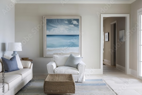 Frame mockup, a dynamic blend of modern art and coastal serenity elevates the room s design