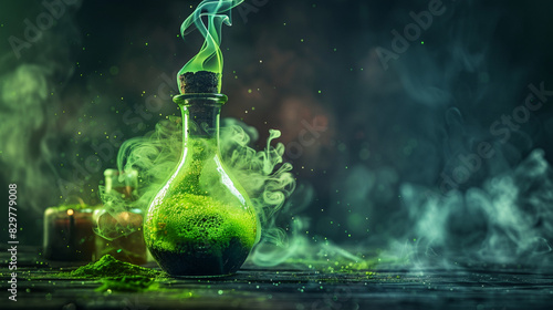 A detailed shot of a glowing green potion in a glass bottle, with mist swirling around.