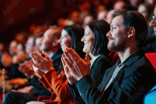 A group of people are clapping in a theater. The audience is enjoying the performance and showing their appreciation