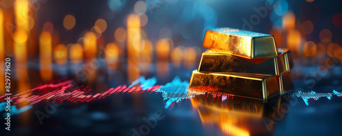 Gold bars stacked on a digital stock market chart background, representing the business concept of gold spot prices. blurred with a bokeh effect. High quality image available with copy space.