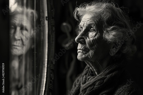 An elderly woman is looking at herself in a mirror