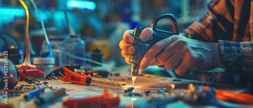 Show Colorful Glow HUD icon of a glue gun, being used by a meticulous crafter to assemble a model with detailed precision