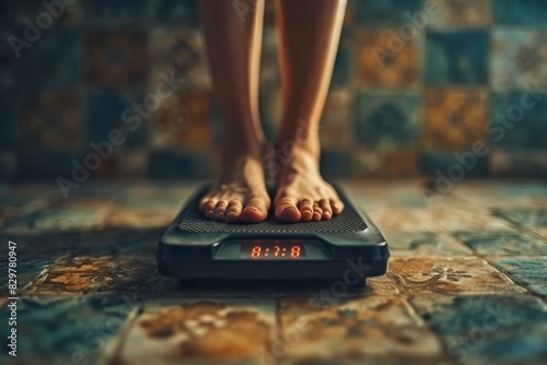 An overweight person standing on a scale with their feet visible