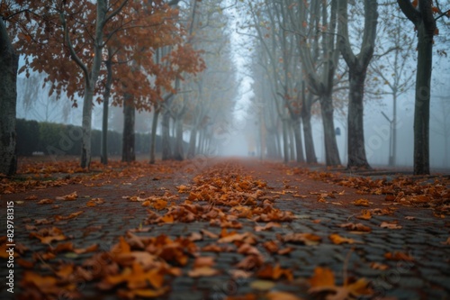 Autumn park with an alley covered with fallen leaves, in the morning fog