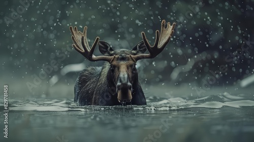 The moose waded through the shallow lake