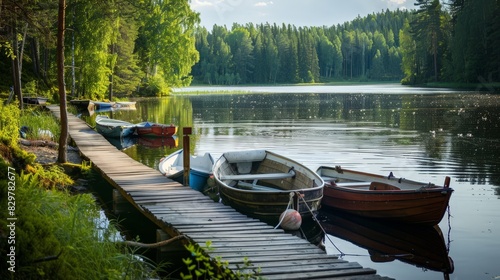 At a picturesque camping site in Finland, motor boats, cutters, and small fishing rowing boats are tied to a pier. 