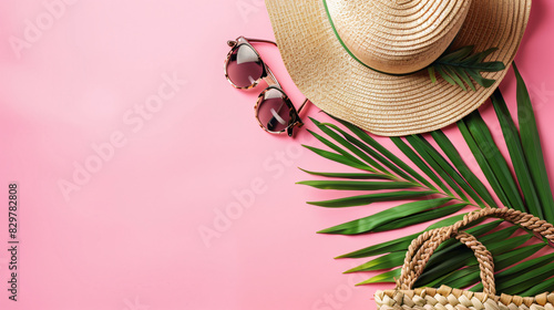 Elegant womans straw bag with hat tropical leaf