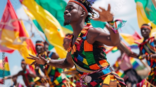 A close-up shot of a group of African dancers in vibrant costumes, their bodies moving in perfect rhythm against a backdrop of colorful flags.
