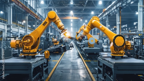 AI systems optimize heavy machinery operation in factories, reducing energy consumption and improving efficiency, Created with Generative AI.