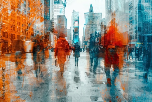 Blurred abstract image of people walking in a city street with rain.