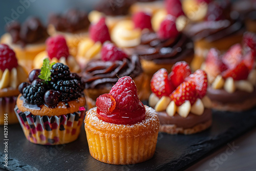 cupcakes with berries and chocolate, Experience the delectable allure of gourmet finger food with a closeup of sweet desserts artfully presented during a cocktail party or event catering