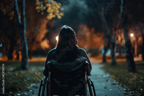 Generated by AI illustration of disabled man woman person using wheelchair on city nature park outdoors disability insurance