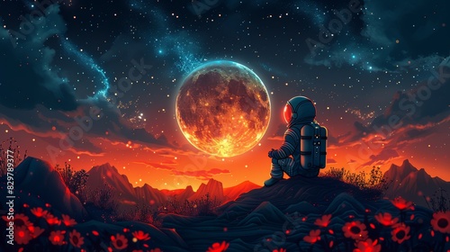 A vibrant illustration of an astronaut with a backpack gazing at a huge moon in a starry night sky above an alien landscape