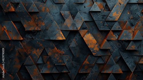 Abstract background of dark blue and copper triangles, triangular geometric wallpaper with rust texture, metal wall pattern for interior design, 3d rendering