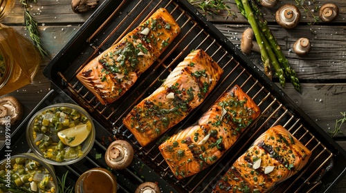 A detailed top-down view of marinated salmon