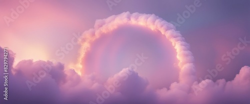 Beautiful sunset sky with a striking rainbow halo surrounded by soft, fluffy purple and pink clouds creating a dreamy atmosphere.