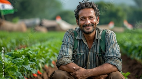 A cheerful farmer with a mustache, wearing a plaid shirt, sitting comfortably in a green potato field