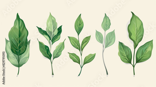 There are five green leaves of different