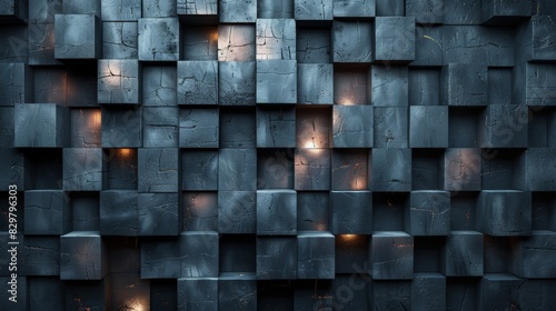 Artistic background of a dark cubic wall with textured blocks and subtle lights
