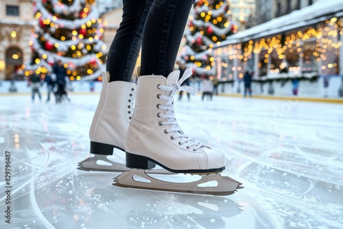 Graceful woman in white figure skates ice skating on outdoor rink exuding elegance and poise