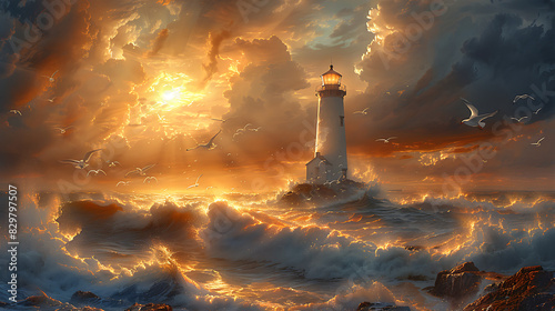 printable mural of a tranquil lighthouse on a rocky coastline with crashing waves seagulls soaring overhead and the beacon of light guiding ships safely home through the darkness