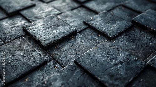 A close-up image concentrating on the texture and pattern of dark matte-finished slate tiles under ambient light