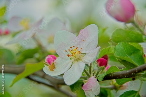 Wiosna w sadzie. Na gałęzi jabłoni, wśród zielonych liści widać liczne kwiaty i różowe pąki.