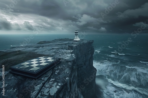 A lone chessboard perched on a cliff overlooking a stormy ocean