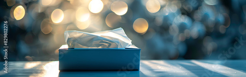 White crumpled paper tissues in a white box on a blue background The concept of hygiene softness health care 