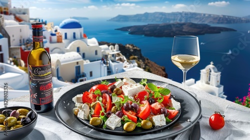 A volcanic island in the background, on top of white buildings, Greek salad with feta cheese and red onion, in the style of Greek style, fresh green vegetables and olives and bright tomatoes