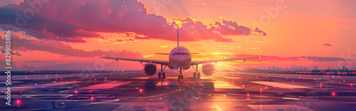Commercial airplane on the runway at sunset travel and transportation theme with vibrant colors reflective scenery wet ground modern journey