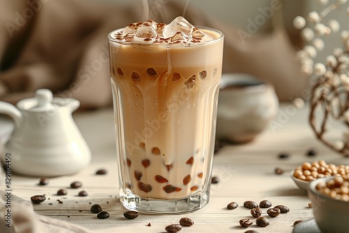 Fotografía de producto, sesión comercial de té con leche con granos de café y un café helado en segundo plano, un vaso lleno hasta arriba sobre la mesa.