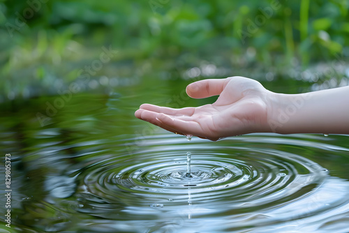 hand holding a water droplet with rippling pond. concept water conservation and purity. generative ai