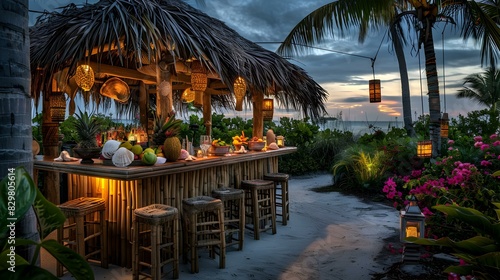 tropical outdoor bar counter with a thatched roof