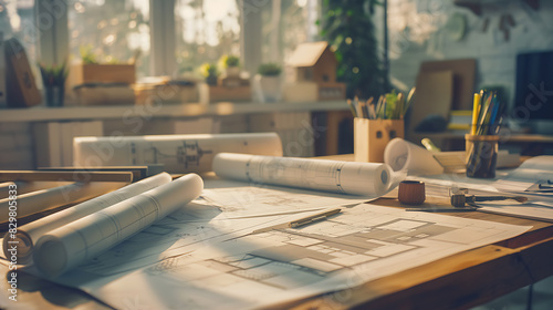 Architectural Precision: High-Definition image of blueprints and drafting tools on designer's desk