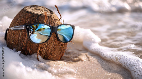 A coconut wearing reflective sunglasses, half-buried in the white sand with gentle waves kissing the shore