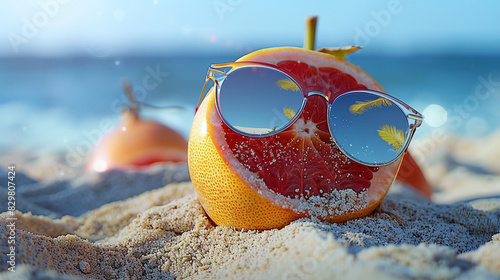 A grapefruit in reflective sunglasses, lying in the sand with the serene tropical sea and clear sky in view