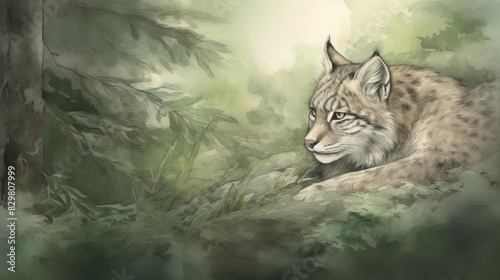A beautiful painting of a lynx in a misty forest, showcasing its serene and majestic presence among the trees and lush greenery.
