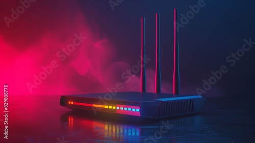 Modern Wi-Fi router with colorful LED lights in a dark, misty environment. Futuristic technology concept with vibrant hues.
