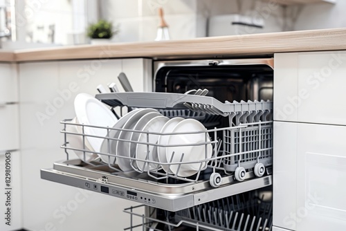 Modern kitchen harmony dishwasher efficiency in soft light symbolizes technology and comfort fusion