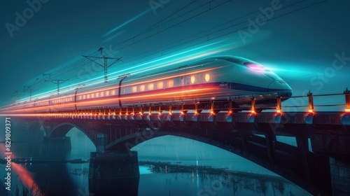 tren de alta velocidad cruzando un puente futurista por la noche, iluminado por una luz fantasmal que parece emanar del propio tren