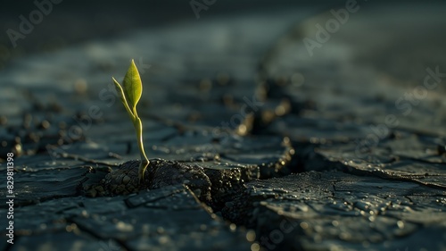 Seed sprouting through cracked concrete, with a delicate tendril pushing through the harsh surface, symbolizing resilience and rebirth