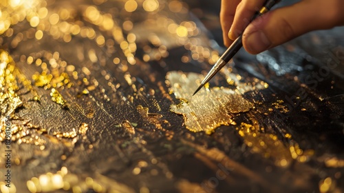 A close-up of gold leaf being applied to a religious artifact, demonstrating the meticulous craftsmanship and devotion involved. The gold leaf glimmers under the light.