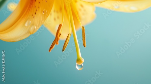 Calming natural water rhythms with tiny drops of each flower dangling from a yellow lily's petals against a pure background