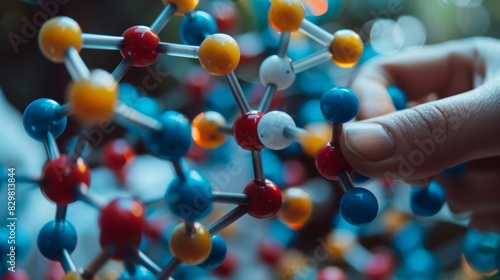 A close-up of a scientist's hand holding a molecular model, with colorful balls representing different atoms and sticks representing bonds, highlighting the study of chemistry.