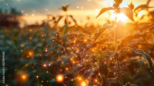 A conceptual image of a molecular structure of a herbicide, superimposed over a field of crops, illustrating its use in agriculture.