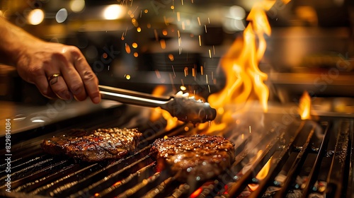 The chef grills steaks on the grill, with a closeup of hands holding tongs and sauce over flames. The background is an open kitchen for a steakhouse or restaurant, with high resolution photography. Th