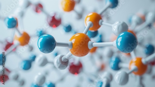 A detailed close-up of a molecular model showing the complex structure of an organic molecule, with colorful atoms and bonds on a white background.