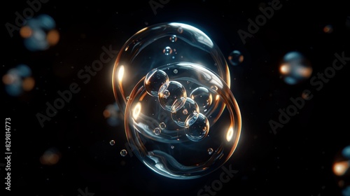 A digital illustration of a hydrogen atom (H) and an oxygen atom (O) orbiting each other, representing the formation of a water molecule.