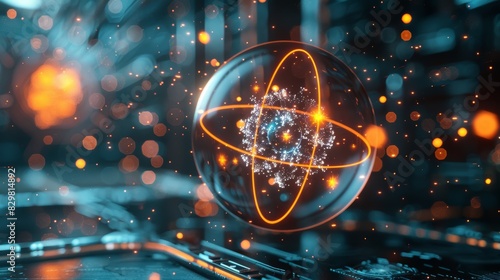 A digital illustration of an atom with orbiting electrons, showcasing the fundamental structure of elements, set against a futuristic background.